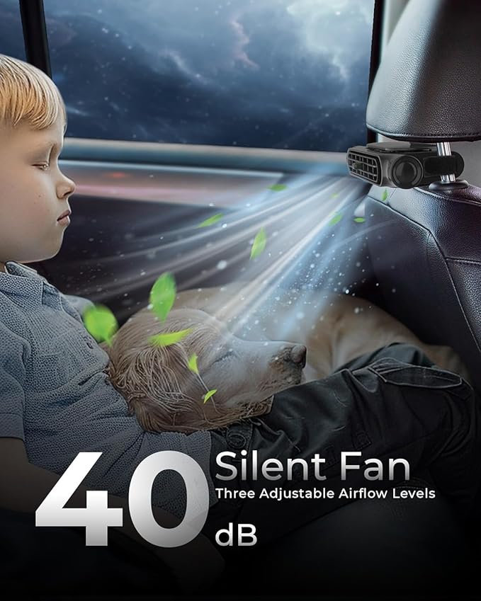 DriveZen Breeze — Headrest Fan for Babies | Velcro No-Blade Quiet Mount, USB-C, Sleep-Safe Rear-Seat Cooler