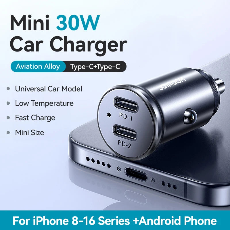30W Mini Car Charger PD QC3.0 USB Type-C Fast Charging Car Charger Dual Ports Phone Charger For iPhone Samsung