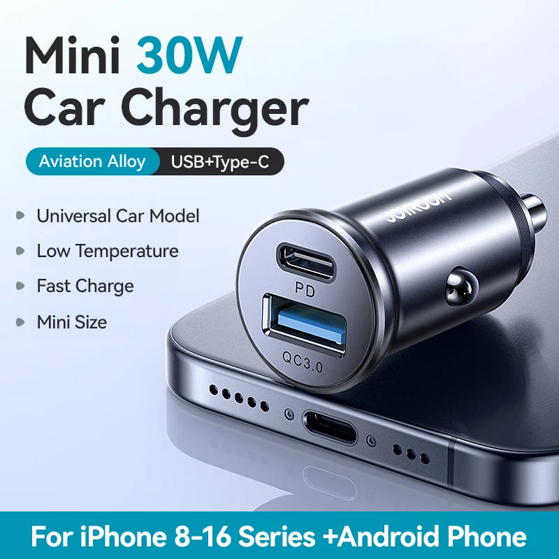 30W Mini Car Charger PD QC3.0 USB Type-C Fast Charging Car Charger Dual Ports Phone Charger For iPhone Samsung