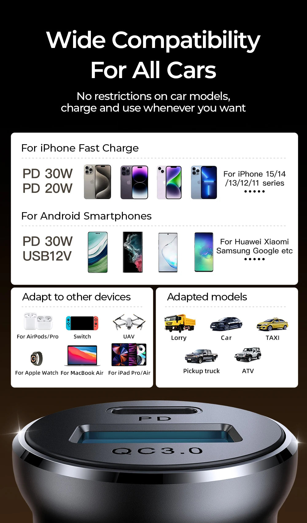 30W Mini Car Charger PD QC3.0 USB Type-C Fast Charging Car Charger Dual Ports Phone Charger For iPhone Samsung