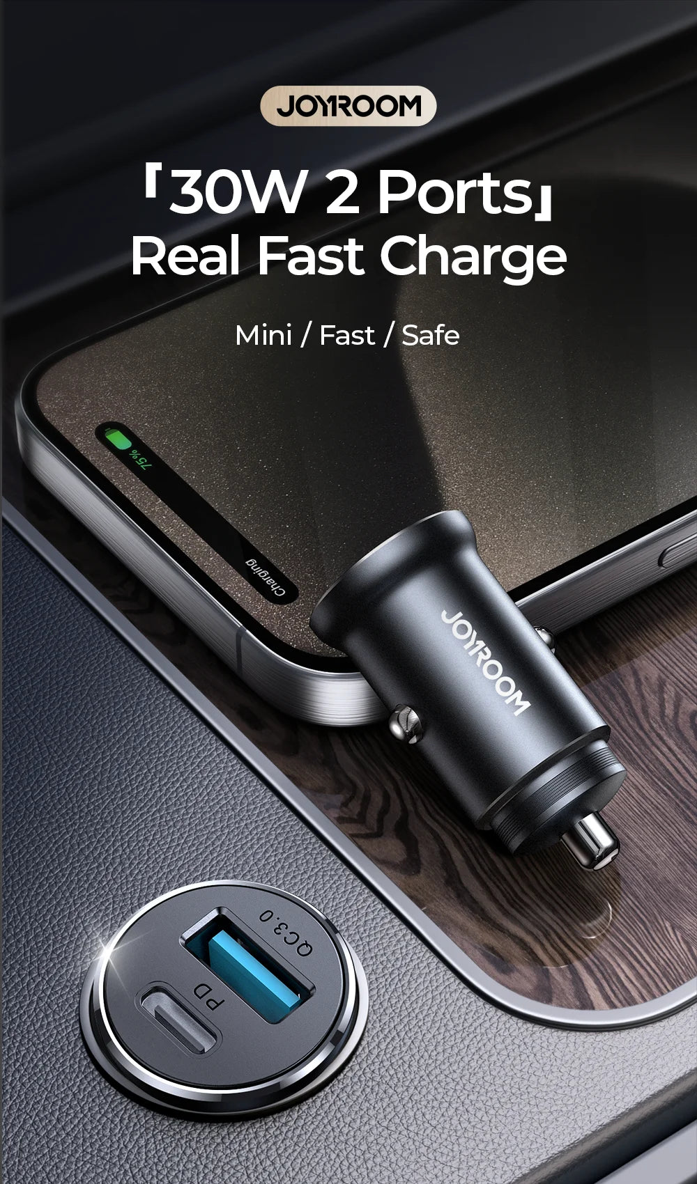30W Mini Car Charger PD QC3.0 USB Type-C Fast Charging Car Charger Dual Ports Phone Charger For iPhone Samsung